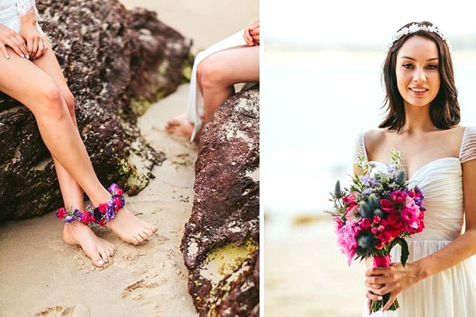 Bride holding bright bouquet and floral anklets